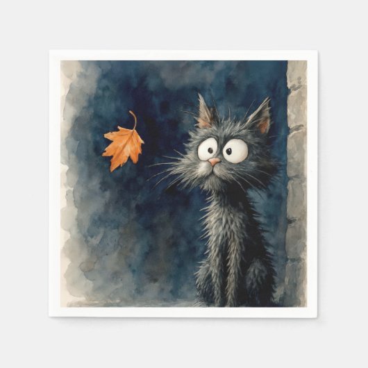 Serviette En Papier Chat en ruelle noire avec feuille d'automne (Devant)
