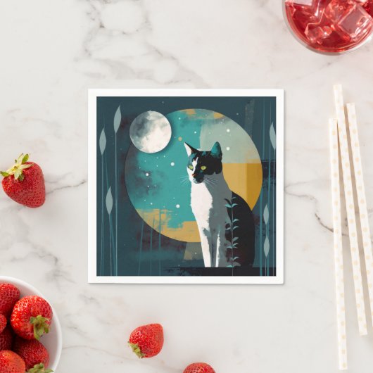 Serviette En Papier Chat et lune avec fronds - Cocktail serviettes (En situation)