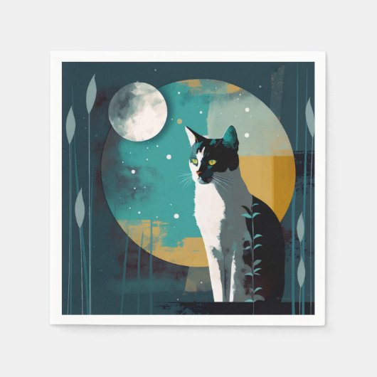 Serviette En Papier Chat et lune avec fronds - Cocktail serviettes (Devant)