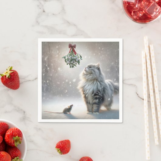 Serviette En Papier Chat et souris sous Mistletoe (En situation)