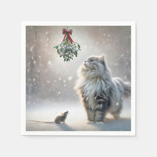 Serviette En Papier Chat et souris sous Mistletoe (Devant)