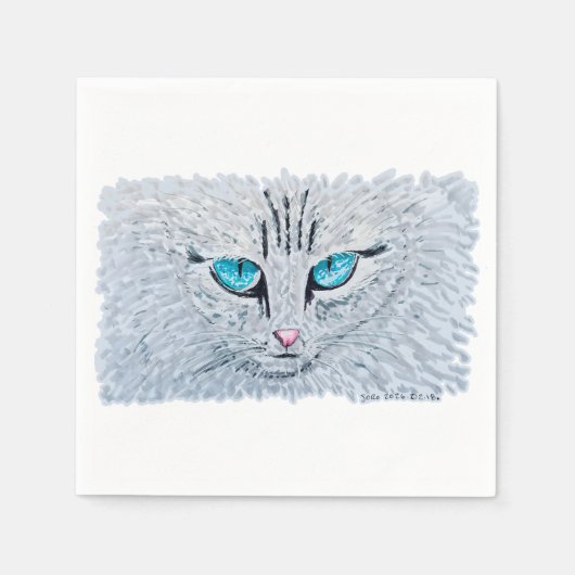 Serviette En Papier Chat Fluffy aux Yeux Bleus (Devant)