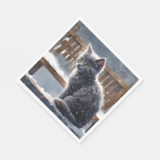 Serviette En Papier Chat gris mou sur un banc dans la neige (Coin)