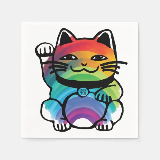 Serviette En Papier Chat japonais de bonne chance avec arc-en-ciel (Devant)