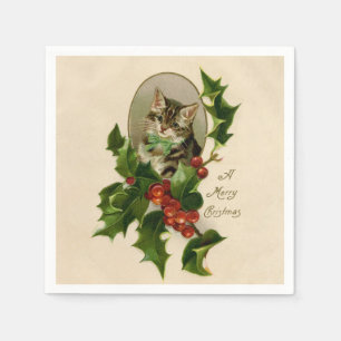 Serviette En Papier Chat Noël Joyau Holly Kitten Art antique