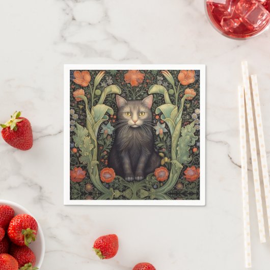 Serviette En Papier Chat noir Art nouveau et fleurs rouges (En situation)