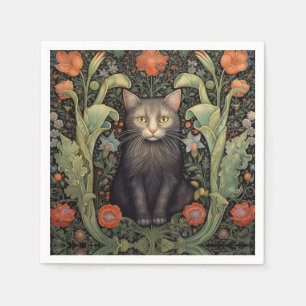 Serviette En Papier Chat noir Art nouveau et fleurs rouges
