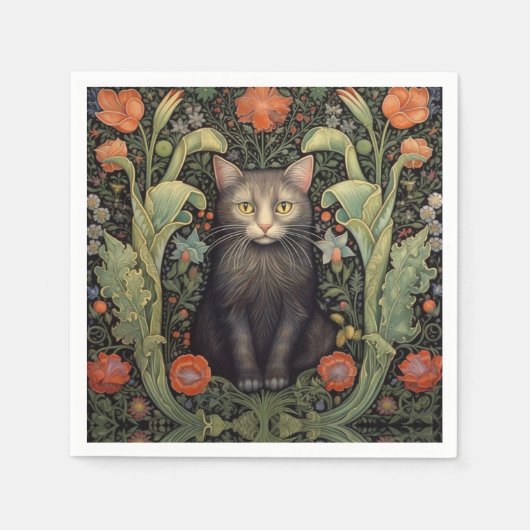 Serviette En Papier Chat noir Art nouveau et fleurs rouges (Devant)