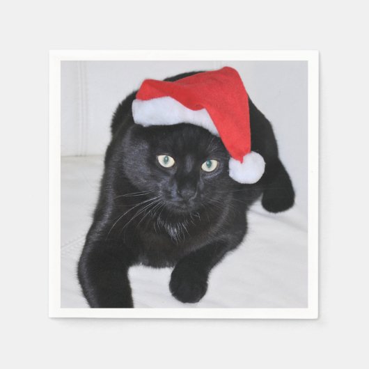 Serviette En Papier Chat noir avec chapeau de Père Noël Rouge (Devant)