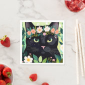 Serviette En Papier Chat noir avec couronne florale (En situation)