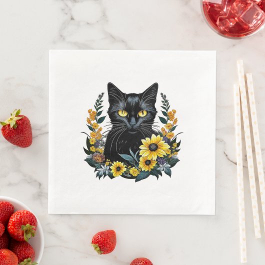 Serviette En Papier chat noir avec des fleurs (En situation)