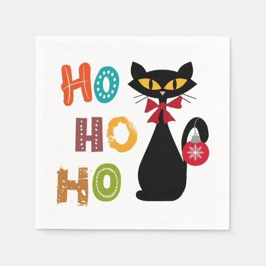 Serviette En Papier Chat noir avec design de texte Ho Ho Ho (Devant)