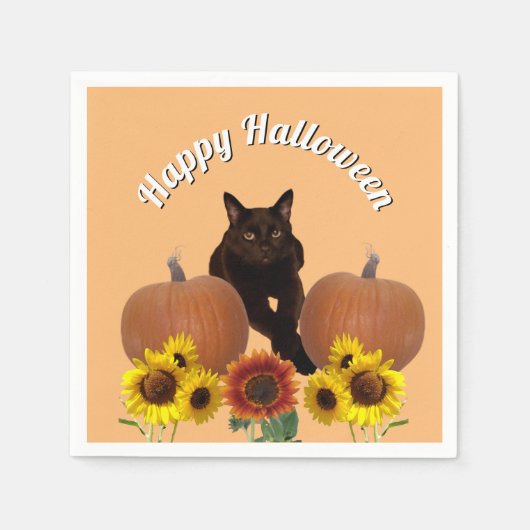 Serviette En Papier Chat noir avec pattes croisées Citrouille Hallowee (Devant)