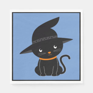 Serviette En Papier Chat Noir Avec Un Chapeau De Sorcière Halloween