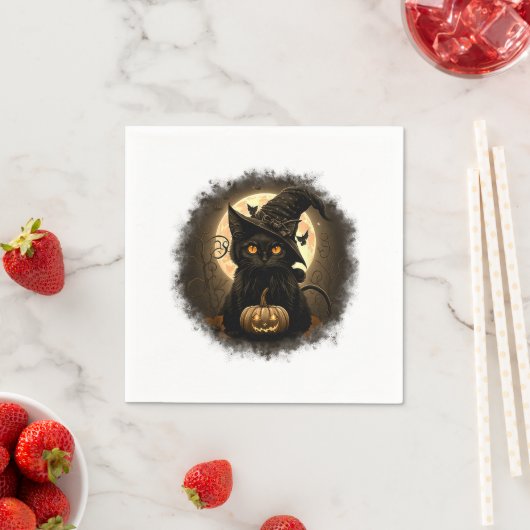 Serviette En Papier Chat noir Citrouille Lune Éffrayante Halloween Wom (En situation)