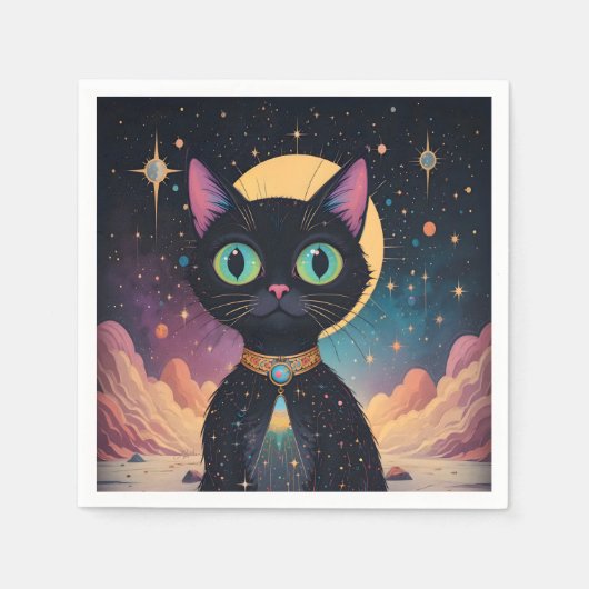Serviette En Papier Chat noir cosmique futuriste atomique en clair de  (Devant)