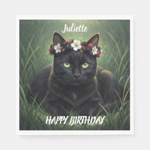 Serviette En Papier Chat Noir / Couronne de Fleur de Mûre Personnalisé