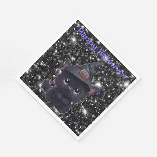 Serviette En Papier Chat noir d'Halloween blanc mignon (Coin)