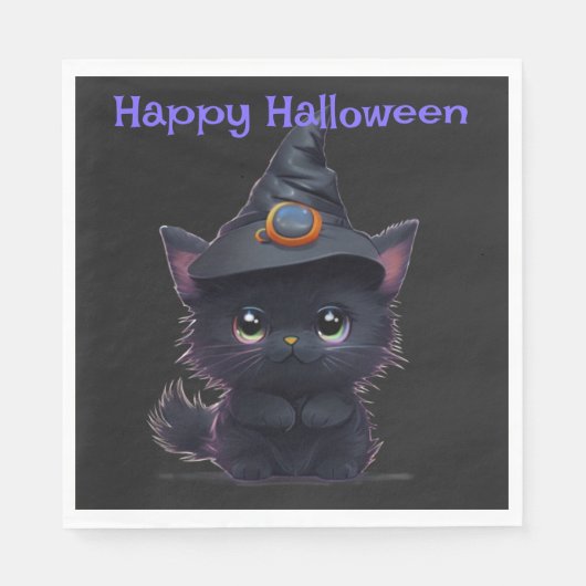 Serviette En Papier Chat noir d'Halloween blanc mignon (Devant)