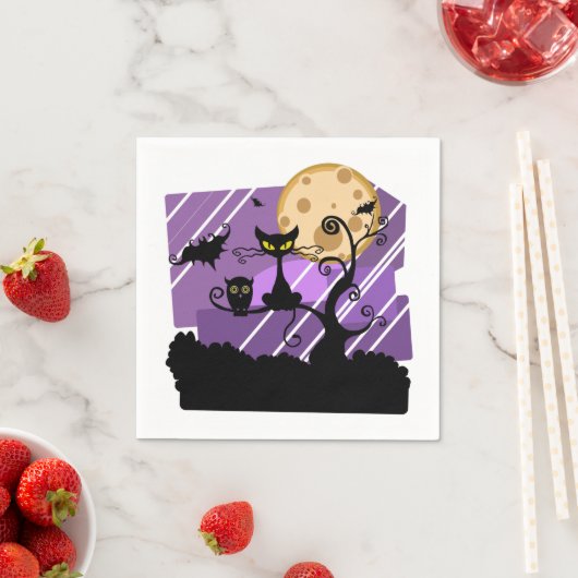 Serviette En Papier Chat noir d'Halloween, chauve-souris d'arbre lunai (En situation)