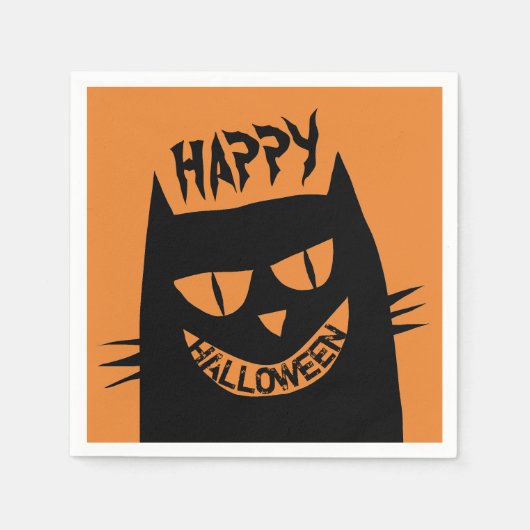 Serviette En Papier Chat noir d'Halloween déplaisant sur Orange (Devant)