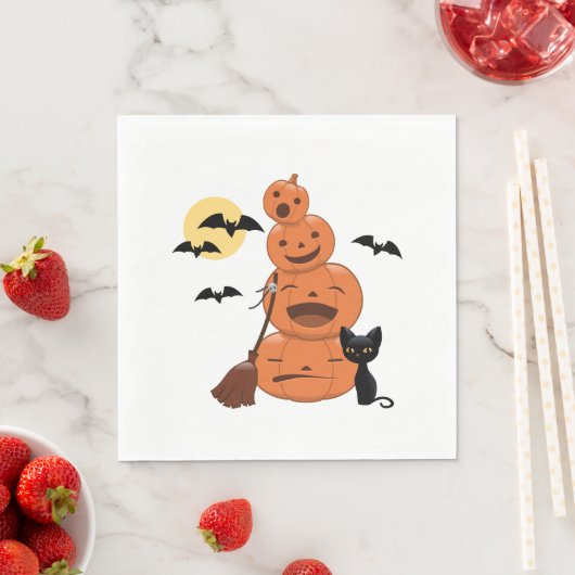 Serviette En Papier Chat noir d'Halloween et Citrouilles en blanc (En situation)