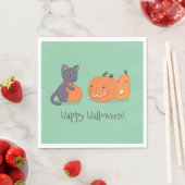 Serviette En Papier Chat noir d'Halloween et Citrouilles en vert (En situation)
