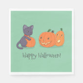 Serviette En Papier Chat noir d'Halloween et Citrouilles en vert (Devant)