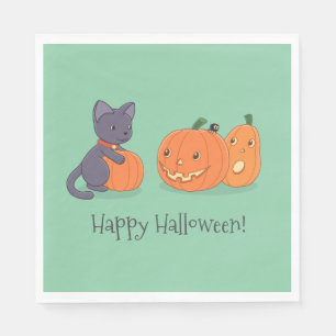 Serviette En Papier Chat noir d'Halloween et Citrouilles en vert