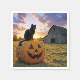 Serviette En Papier Chat noir d'Halloween sur une botte de foin de cit