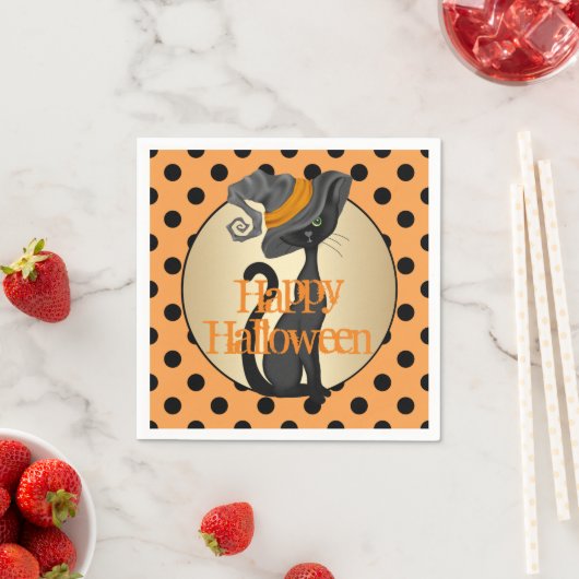 Serviette En Papier Chat noir en sorcière Casquette Halloween heureux (En situation)