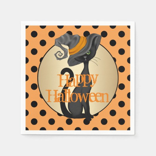 Serviette En Papier Chat noir en sorcière Casquette Halloween heureux (Devant)