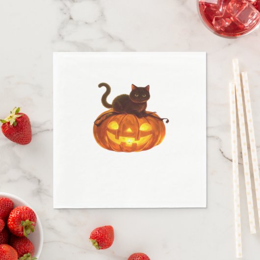 Serviette En Papier Chat noir et Citrouille - Halloween magique Éffray (En situation)