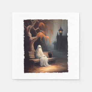 Serviette En Papier Chat Noir Et Fantôme Assis Sur Le Banc Halloween D