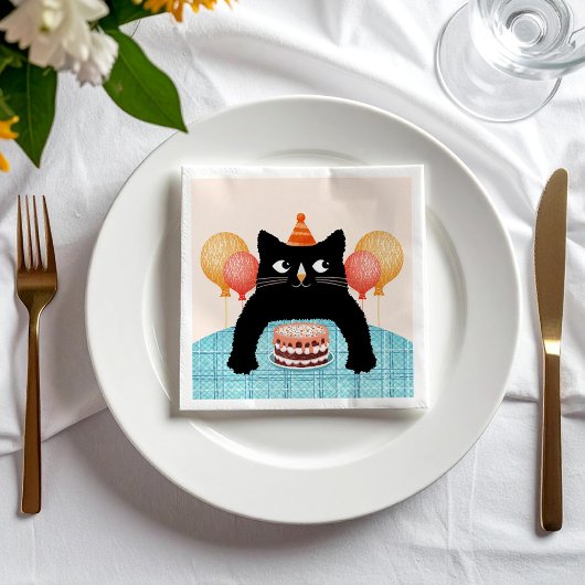 Serviette En Papier Chat noir et gâteau