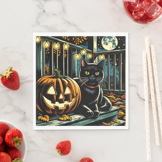 Serviette En Papier Chat noir et Halloween Jack-O-Lanterne (En situation)