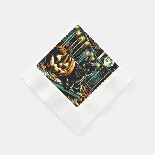 Serviette En Papier Chat noir et Halloween Jack-O-Lanterne (Coin)