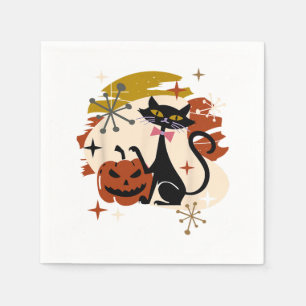 Serviette En Papier Chat noir et Halloween rétro atomique Citrouille
