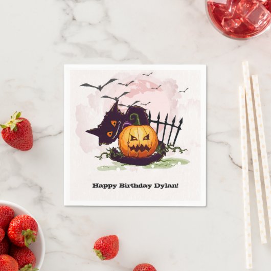 Serviette En Papier Chat noir et Jack o' Lantern Halloween (En situation)