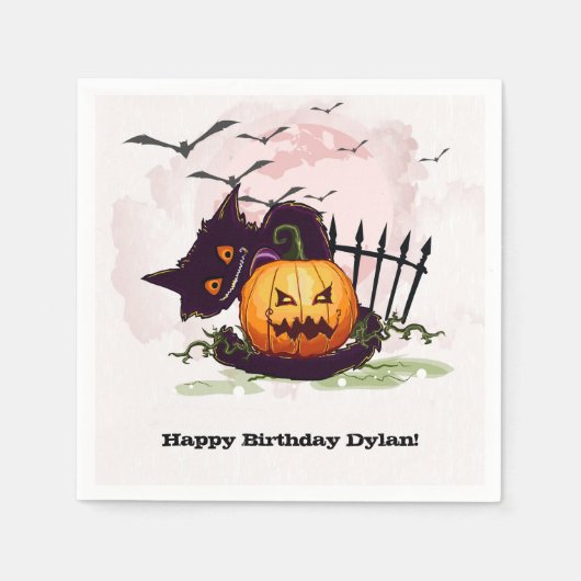 Serviette En Papier Chat noir et Jack o' Lantern Halloween (Devant)