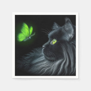 Serviette En Papier Chat noir fixant un papillon vert luminescent