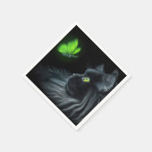 Serviette En Papier Chat noir fixant un papillon vert luminescent (Coin)