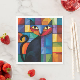 Serviette En Papier Chat noir géométrique Grille en verre teinté