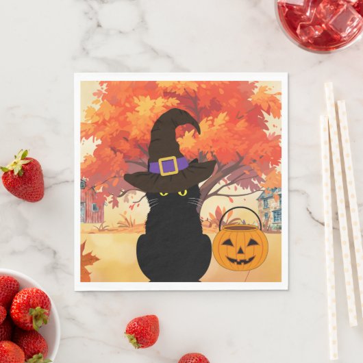Serviette en papier Chat Noir Halloween (En situation)
