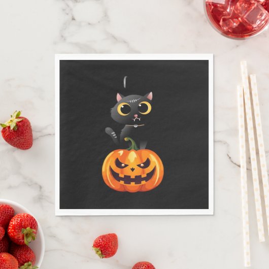 Serviette En Papier Chat noir Halloween Design - Art Citrouille Éffray (En situation)
