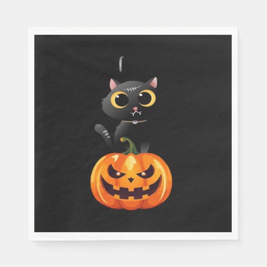 Serviette En Papier Chat noir Halloween Design - Art Citrouille Éffray (Devant)