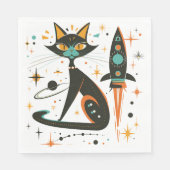 Serviette En Papier Chat noir MCM Rétro Bateau Spatial Étoiles Planète (Devant)