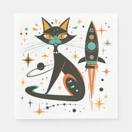 Serviette En Papier Chat noir MCM Rétro Bateau Spatial Étoiles Planète (Devant)