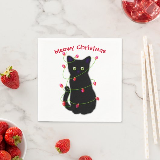 Serviette En Papier chat noir | Meowy Christmas | lumières scintillant (En situation)