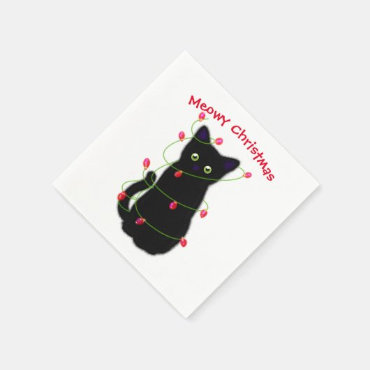 Serviette En Papier chat noir | Meowy Christmas | lumières scintillant (Coin)